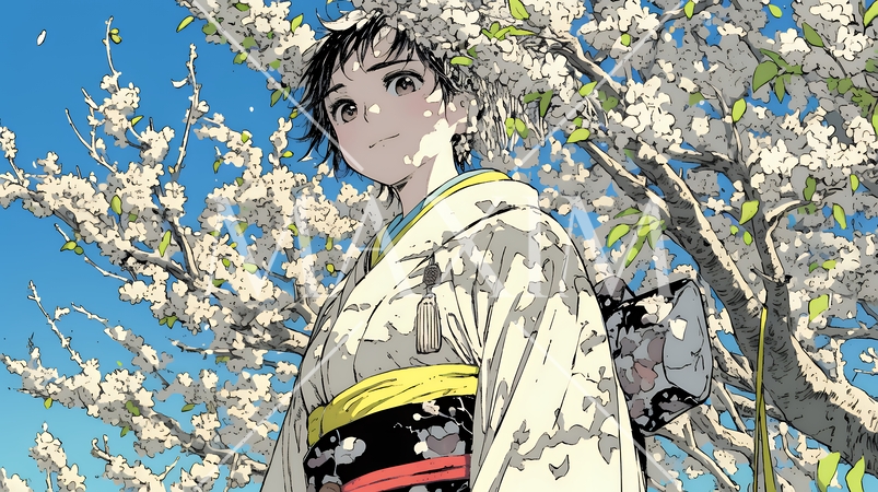 満開の梅の花と和服姿の若い女性