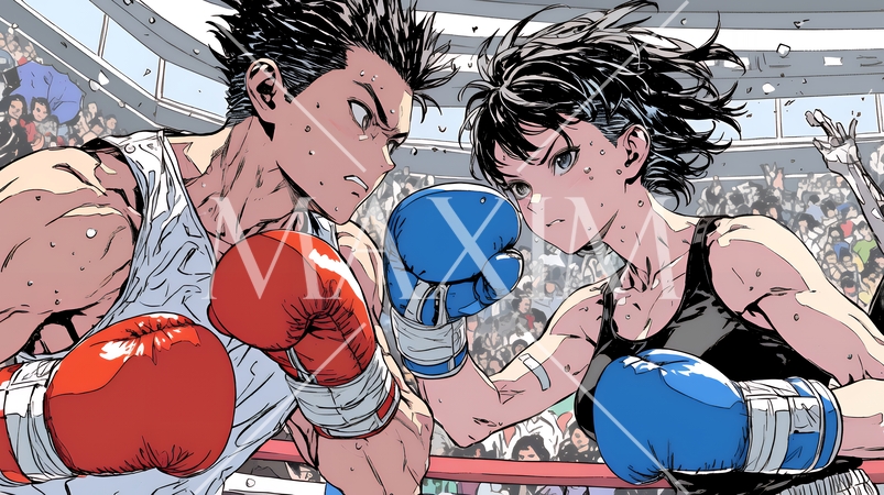 ボクシング試合：若い男性ボクサーと女性ボクサーの試合