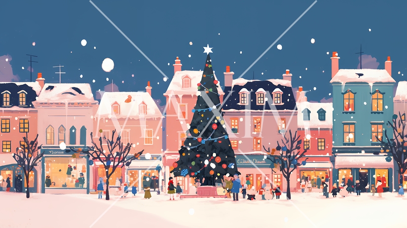 イルミネーションが彩るホワイトクリスマスの都会（ポップでキュートな表現）