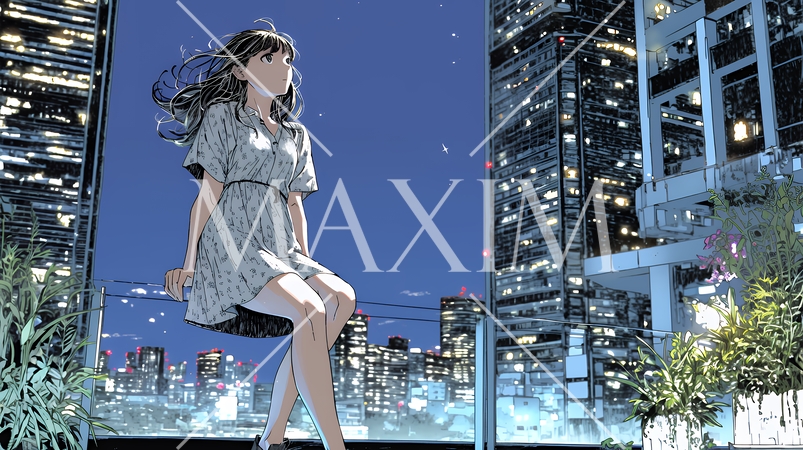 都市の夜景を眺めている女性