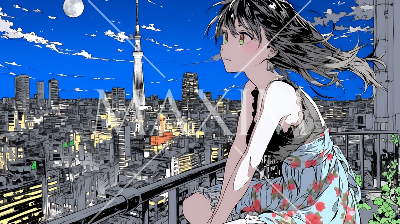 都市の夜景を眺めている女性