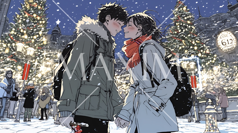 クリスマスのデートを楽しんでいる若いカップル