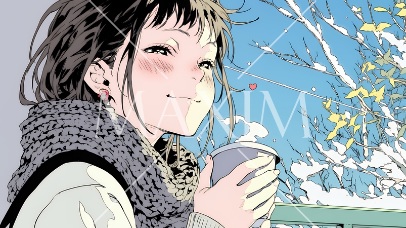 寒い冬、温かい飲み物を手にして、ふっと幸せそうに微笑む若い女性