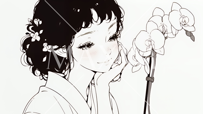 蘭の花と若い女性（シンプルな色使い）