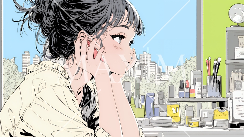 ドラッグストアでコスメを選ぶ若い女性