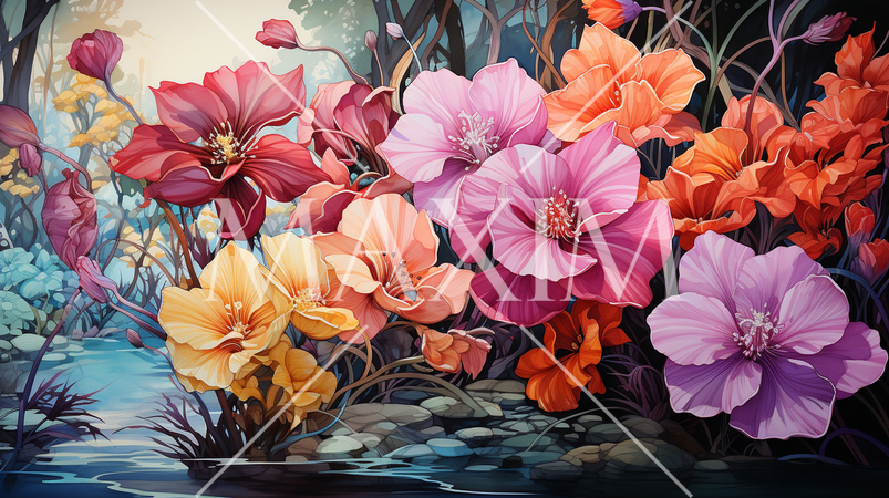 南国の花々が咲き乱れる庭：水彩画