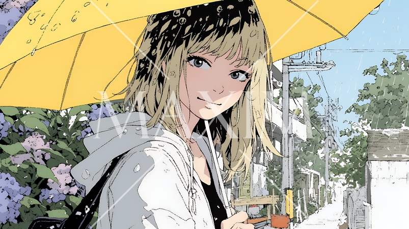 アジサイと梅雨の長雨と若い女性