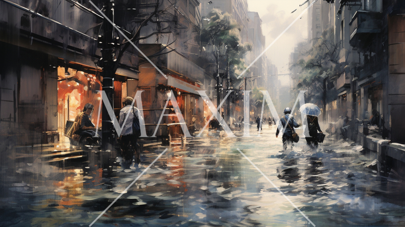 都市を襲う津波・洪水：都市に洪水の被害が出ている様子の水彩画