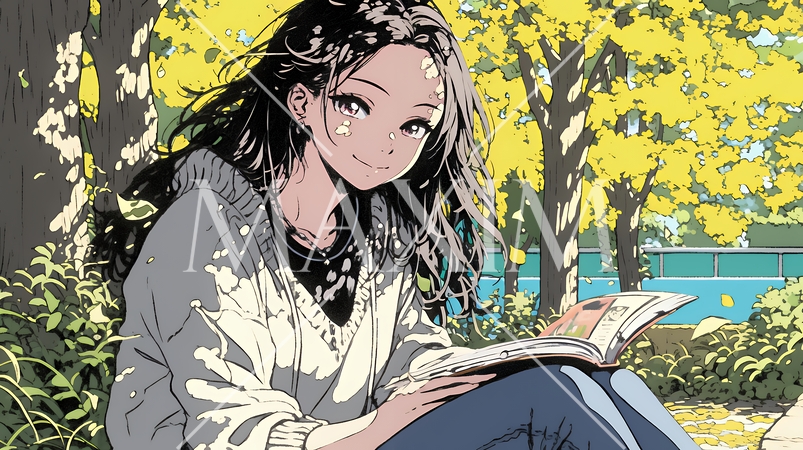 読書の秋：紅葉の木の下で本を読んでいる若い女性