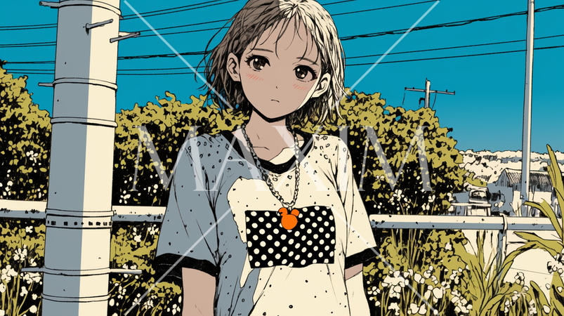 晴天の夏の日、近所を散歩している少女