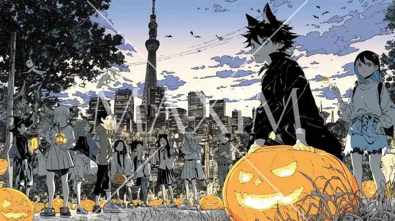 仲間とハロウィンイベントに参加する若い女性