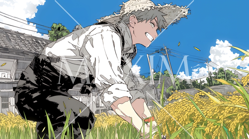 稲刈りをしている男性