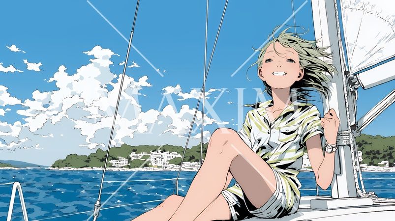 ヨットに乗っている若い女性