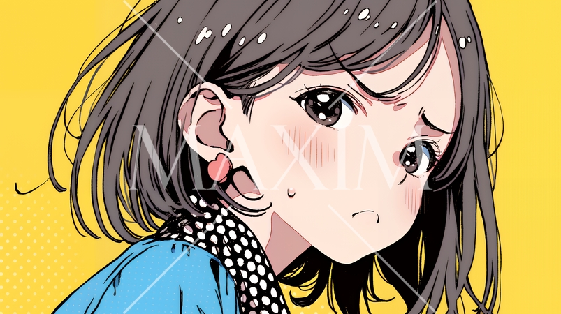 口と顔を歪めて嫌な感情を表している若い女性