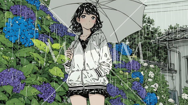 アジサイと梅雨の長雨と若い女性