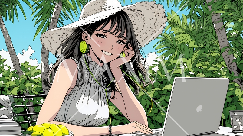 ワーケーション：休暇を楽しみながら仕事をしている女性