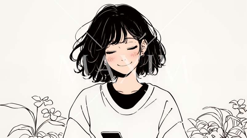 楽しそうにスマホ画面を眺めている若い女性（シンプルな色使い）