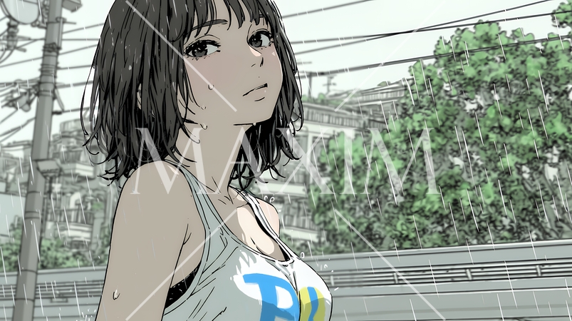 夏の急な雨でびしょ濡れの若い女性