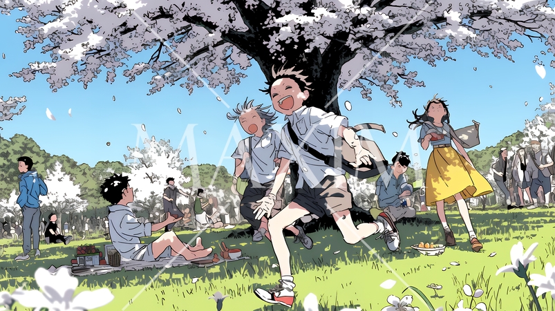 満開の桜の木の下で遊ぶ子供たち