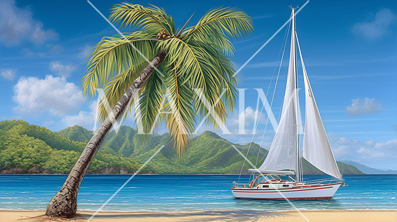 やしの木と海岸と海と青空がきれいな南国のリゾート地