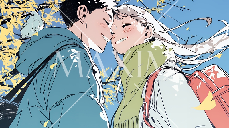 秋の紅葉の下でキスをしている若い恋人たち