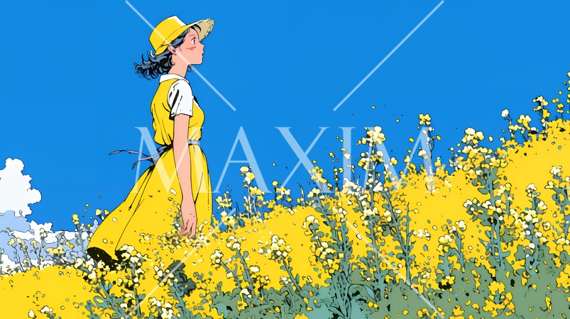 菜の花畑にいる若い女性