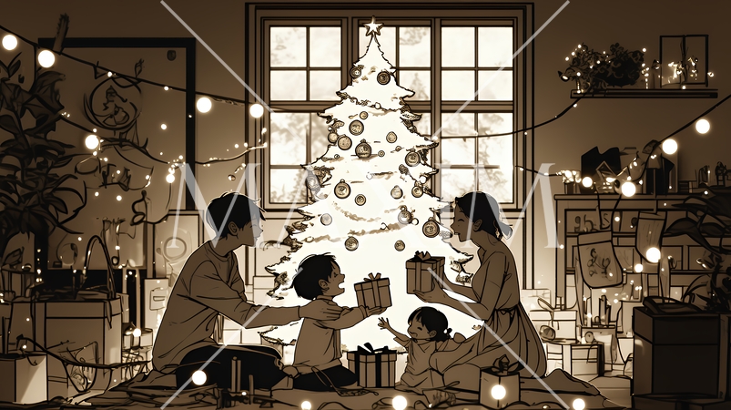 仲良し親子の楽しいクリスマス（シンプルな色使い）