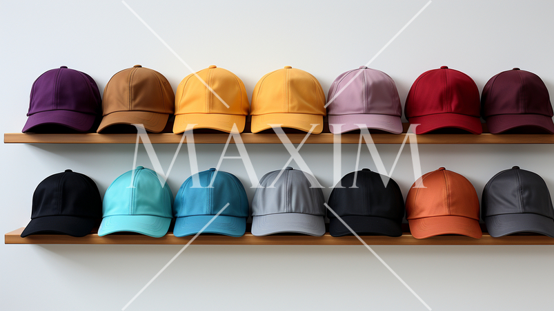 様々な色のキャップが壁に掛かっている背景画