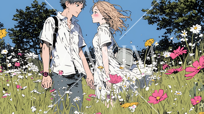 コスモス畑でデートをしている若いカップル