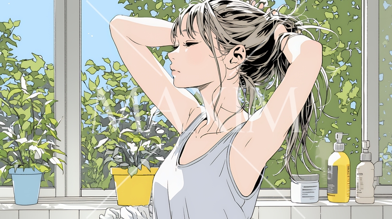 朝支度：洗面所で髪をまとめている若い女性