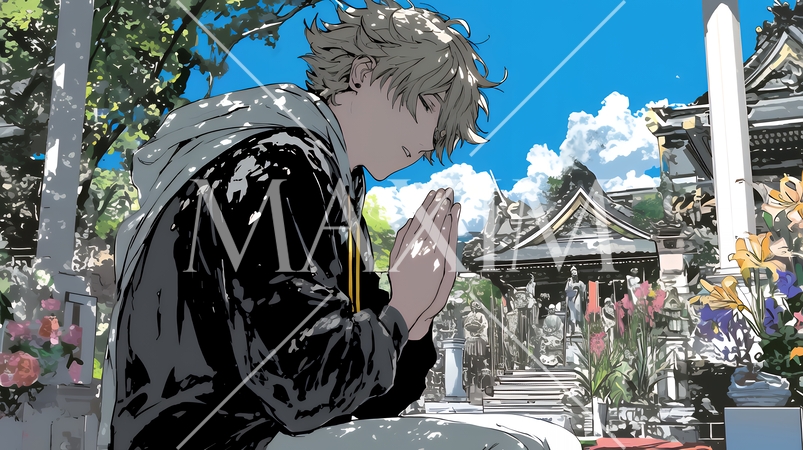 墓参りをしている若い男性