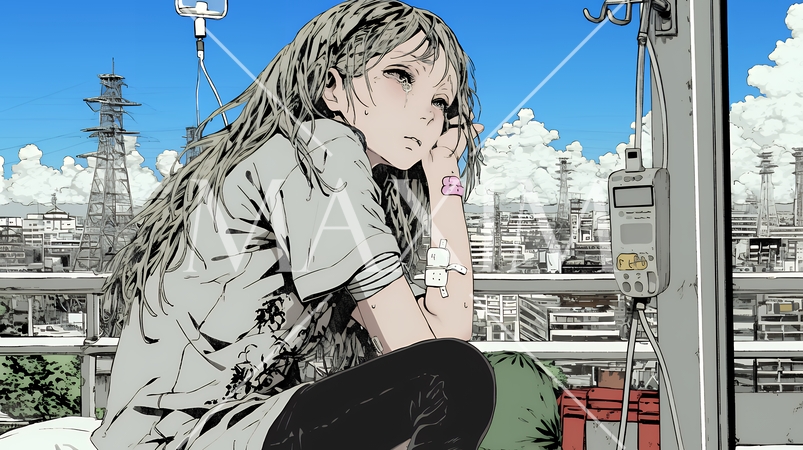 病院のベッドに腰掛けて気落ちしている女性