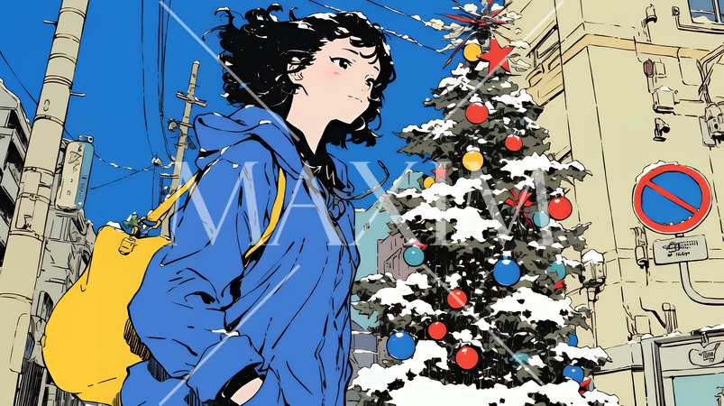 ホワイトクリスマスの街を歩く若い女性