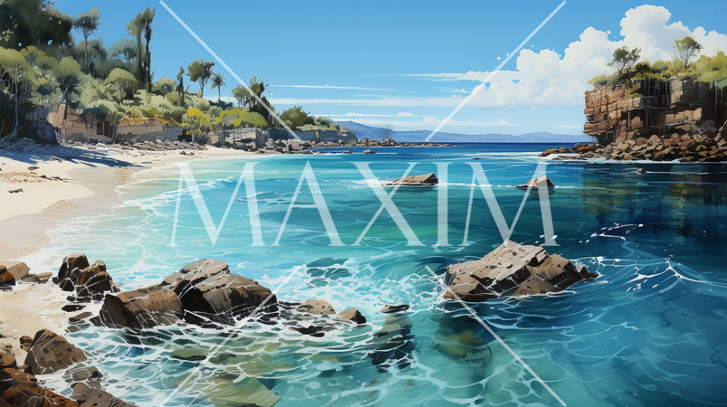 夏の離島の海岸風景：水彩画