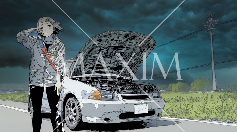 ドライブ中の車の故障・事故・トラブルで困っている女性（悪天候編）