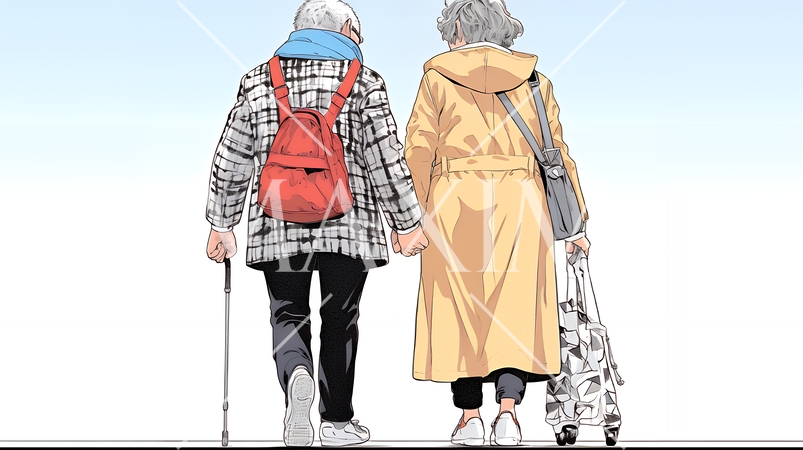 手をつないで歩いている老カップル