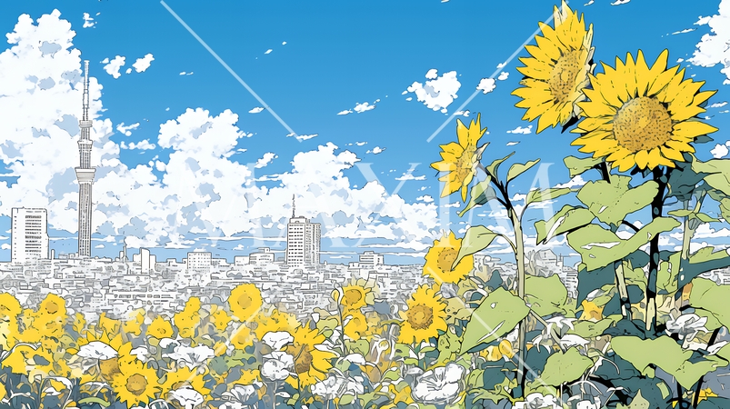 満開のひまわりと真夏の青空