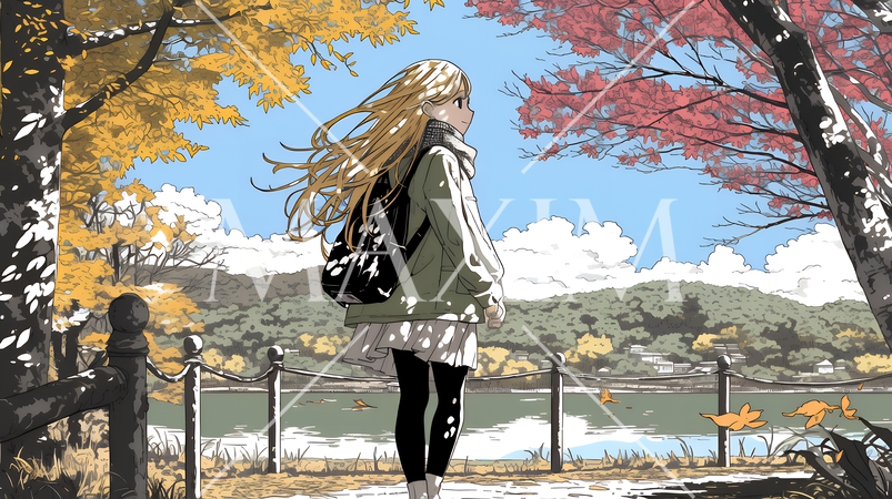 水辺の紅葉の小径を散策している若い女性