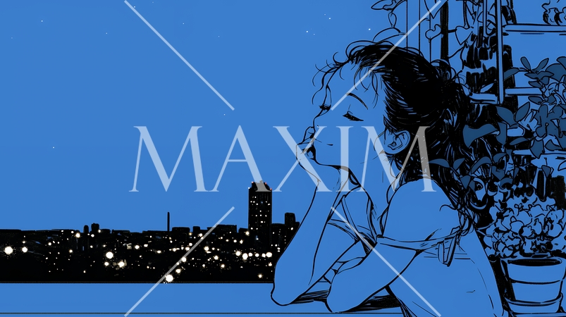 ベランダで夜風に当たりながら都会のランドスケープを眺め休む若い女性（シンプルな色使い）