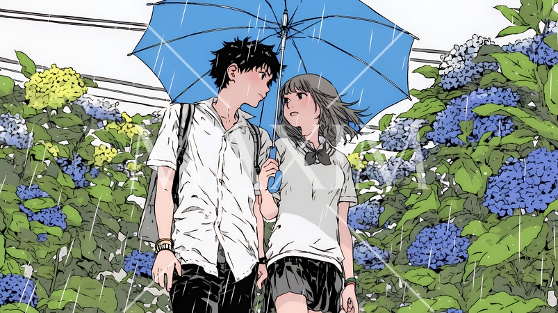 満開のあじさいの中を仲良く相合い傘で歩く若いカップル