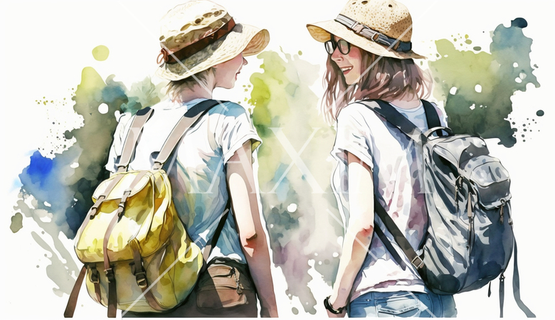 山にハイキングに来ている仲の良い若い女友達：水彩画