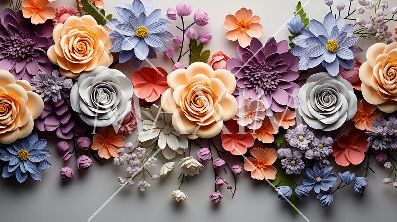 画面いっぱいに色形の違う花のアクセサリーデザインがある：精緻CG