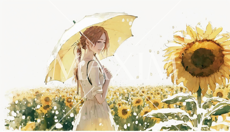 ひまわり畑で日傘を差して散歩している女性