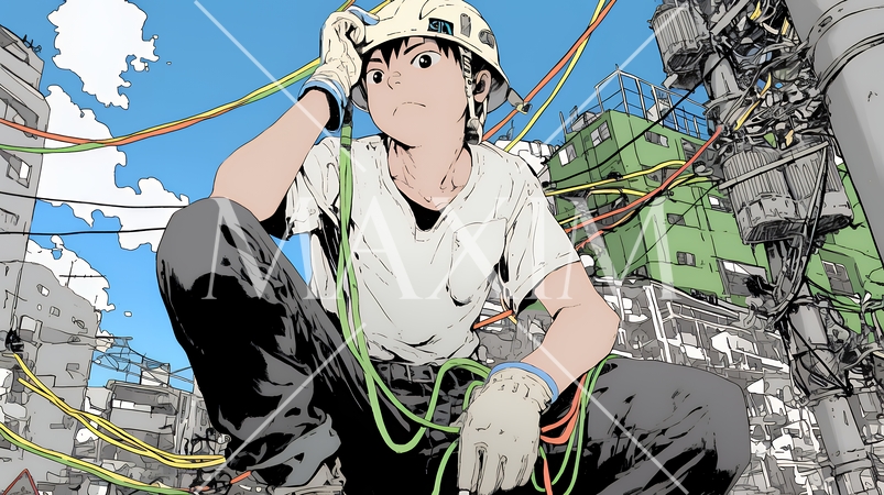 配線工事をしている男性作業員
