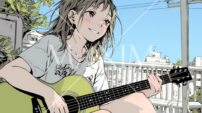 ギターを弾いている若い女性