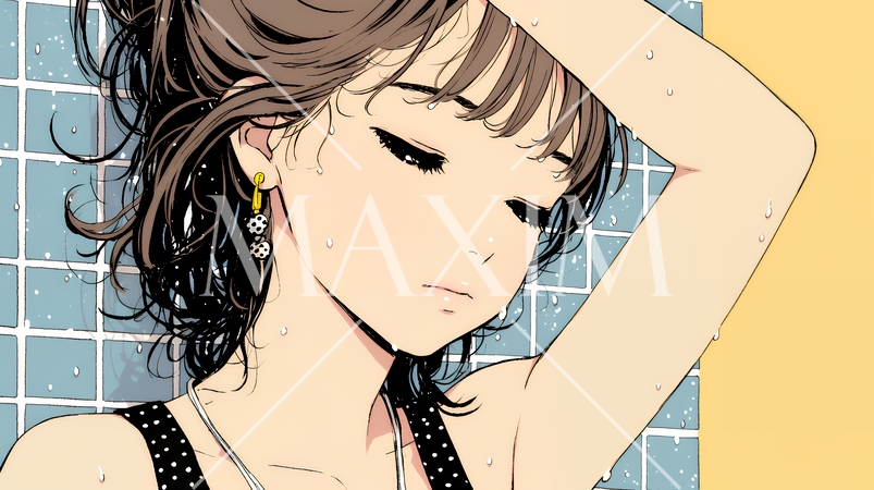 ヘアーシャワーの後の濡れ髪の若い女性