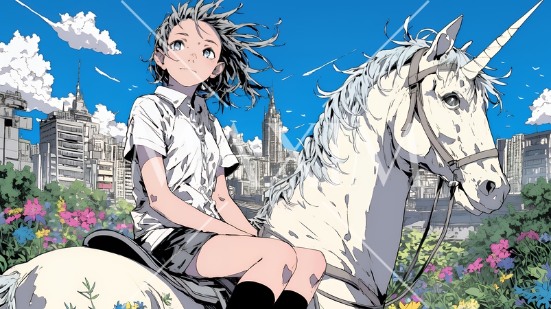 ユニコーンと若い女性