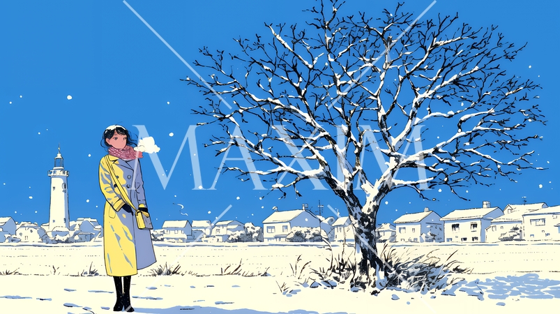 冬枯れの郊外の道を歩く若い女性