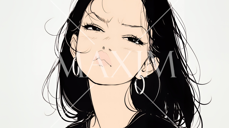 嫉妬の表情を浮かべる若い女性（シンプルな色使い）