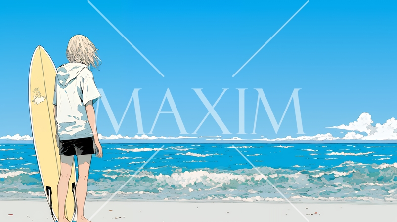 サーフボードを持ち海を見つめる若い女性｜ビーチ・リゾート・ライフスタイル・アウトドア